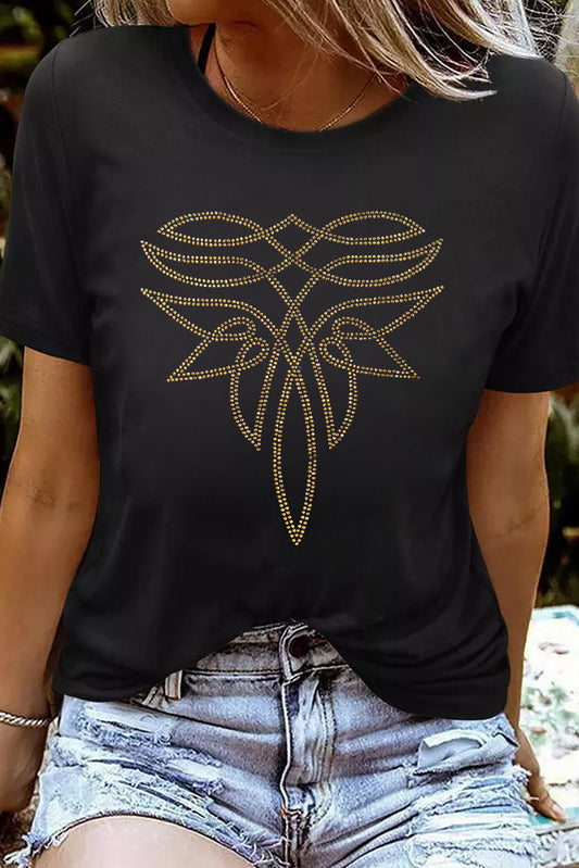 Black Rhinestone Western Pattern Cotton Blend Graphic T Shirt-Bella Boutique Collective