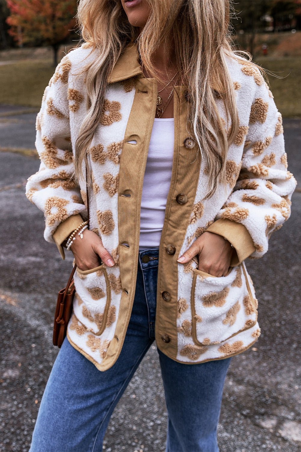 Light French Beige Cute Flower Pattern Button Up Fleece Jacket-Bella Boutique Collective