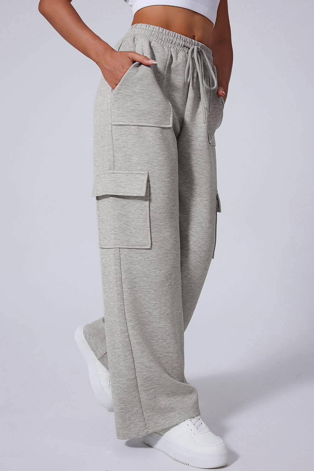 Light Grey Multi Pockets Lace-up High Waist Wide Leg Workout Pants-Bella Boutique Collective