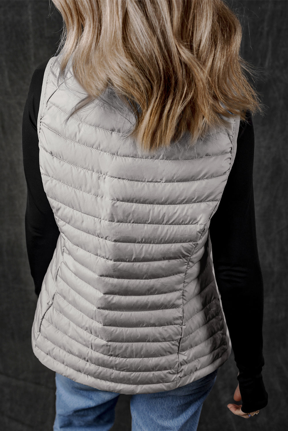 Silvery Plush Collared Quilted Zipped Puffer Vest-Bella Boutique Collective