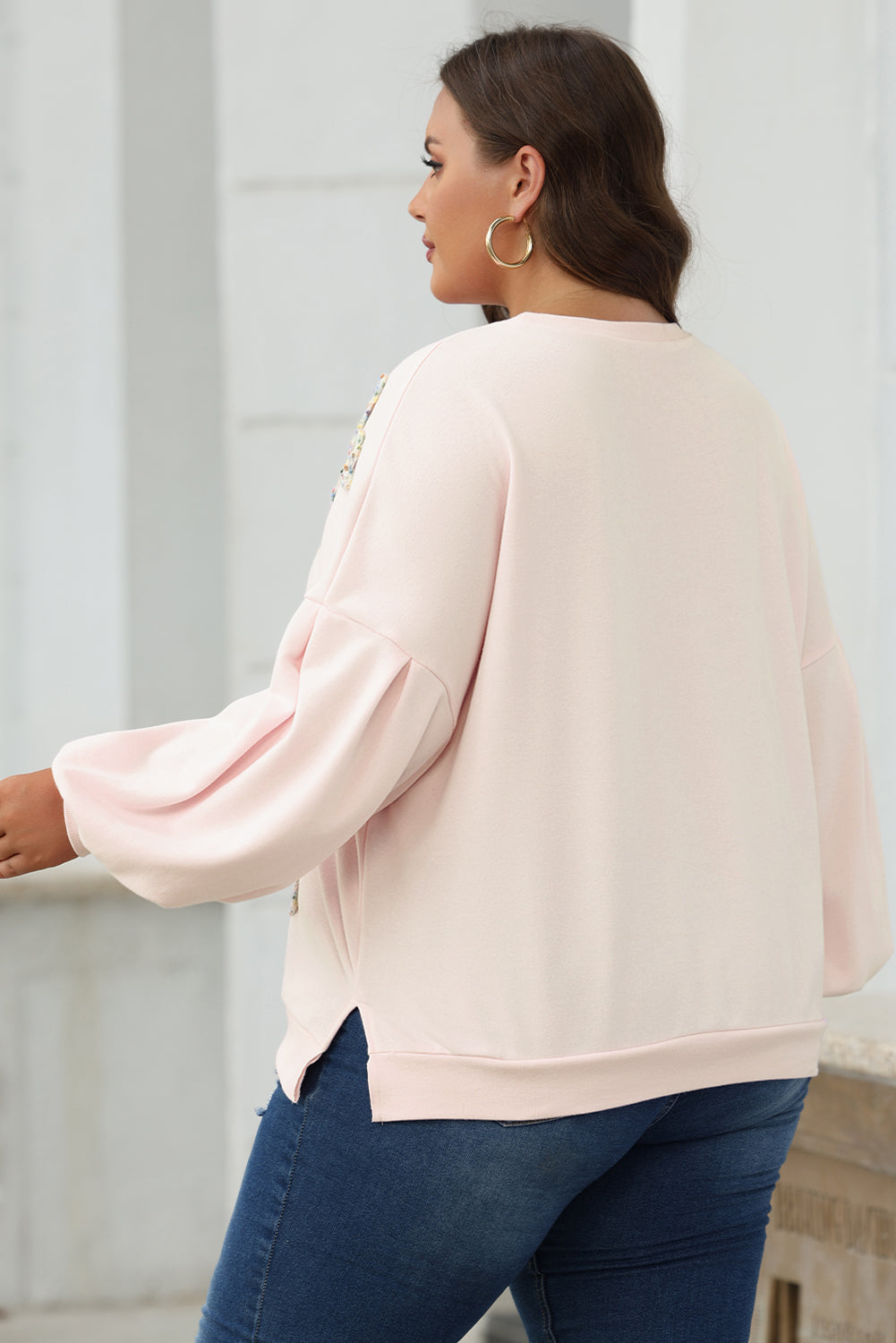 Parchment Embroidered Bow Lantern Sleeve Oversized Pullover Sweatshirt-Bella Boutique Collective