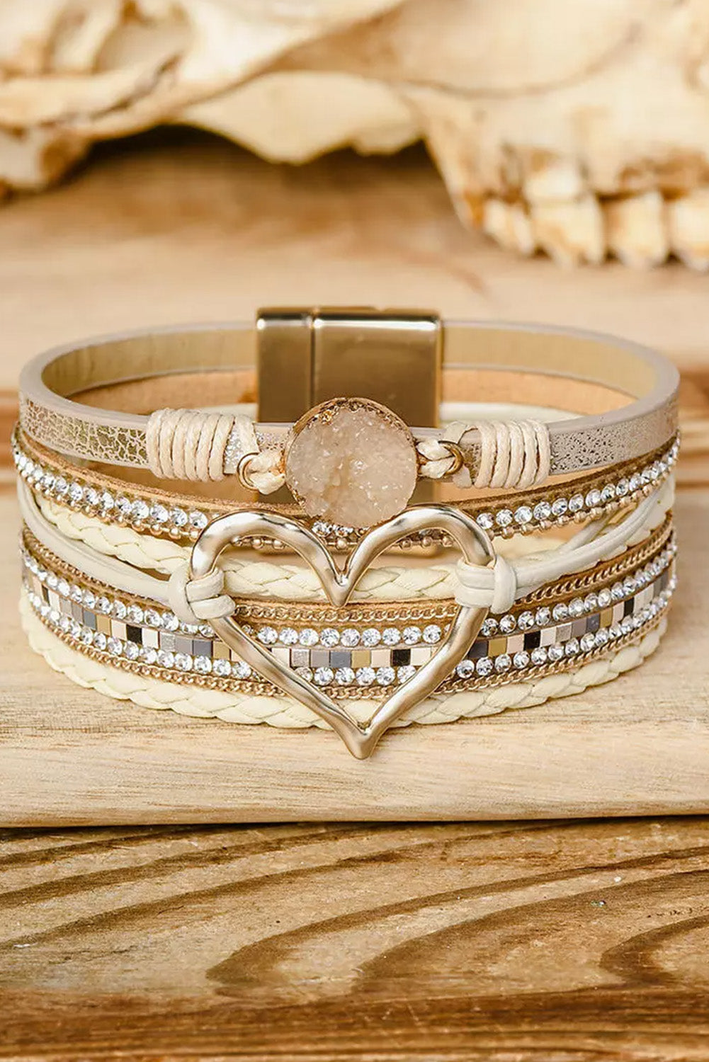 Beige Bohemian Heart Rhinestone Magnetic Buckle Bracelet-Bella Boutique Collective