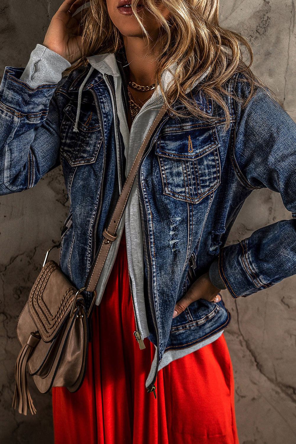 Dark Blue Fake Two-Piece Hooded Zip-Up Denim Jacket-Bella Boutique Collective