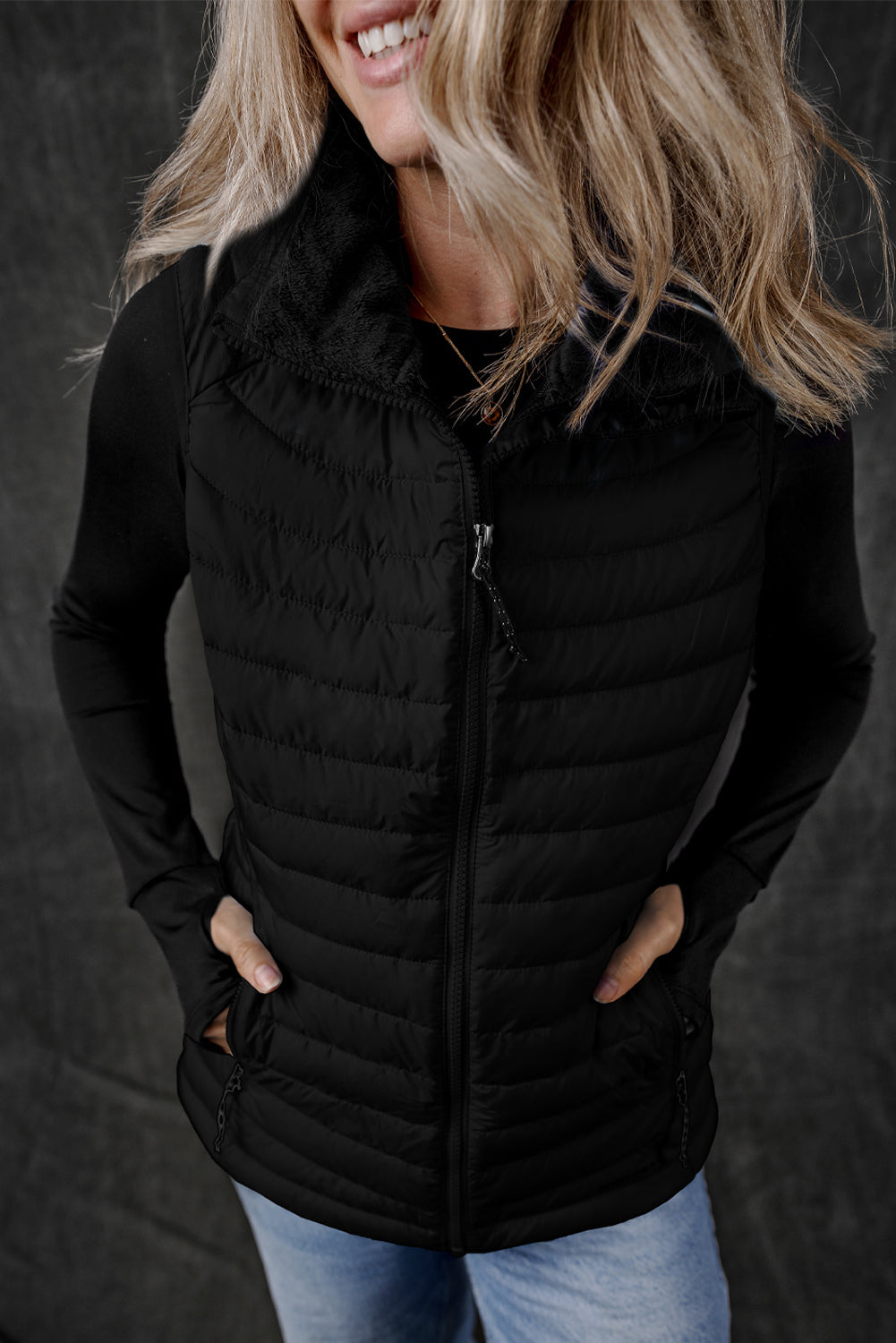 Black Plush Collared Quilted Zipped Puffer Vest-Bella Boutique Collective