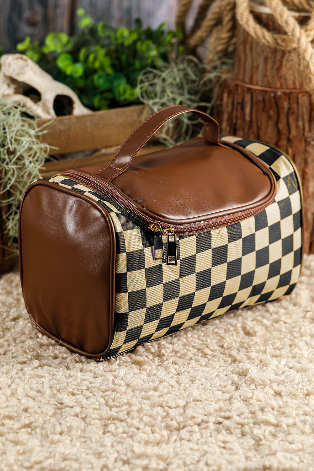 Black Checkered PU Leather Zipper Makeup Bag-Bella Boutique Collective