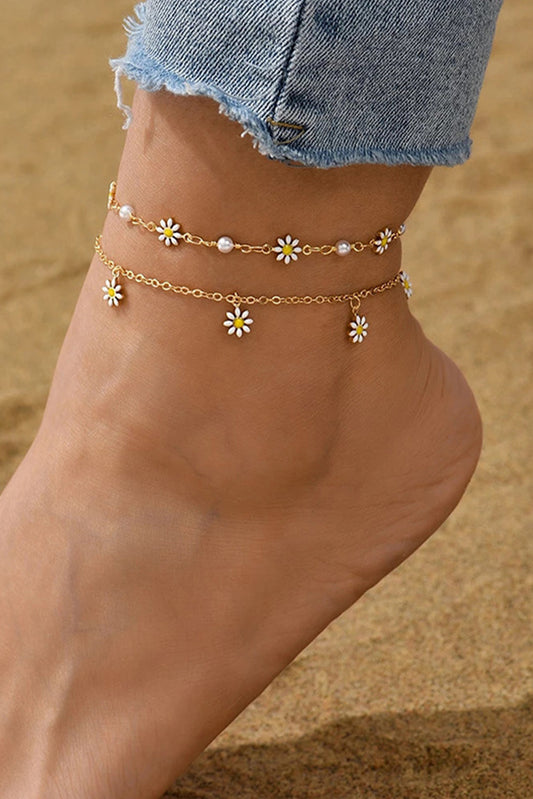 Gold Daisy & Pearl Chain Anklet-Bella Boutique Collective
