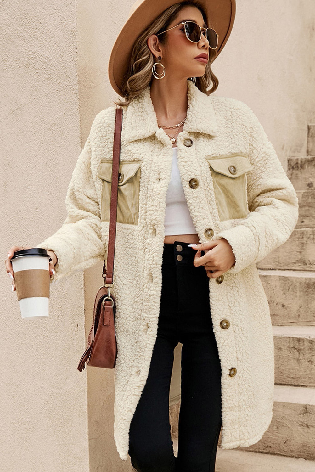 Beige Contrast Flap Pocket Single Breasted Teddy Coat-Bella Boutique Collective