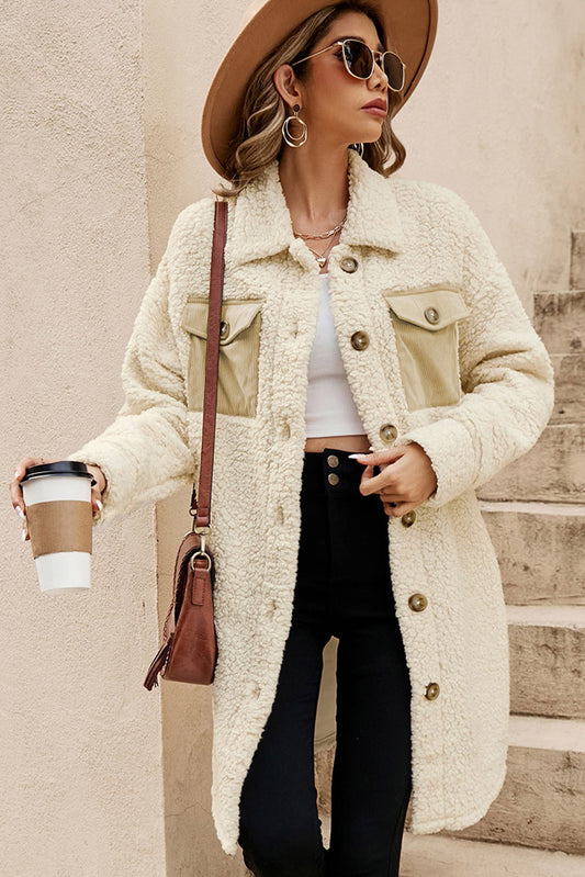 Beige Contrast Flap Pocket Single Breasted Teddy Coat-Bella Boutique Collective