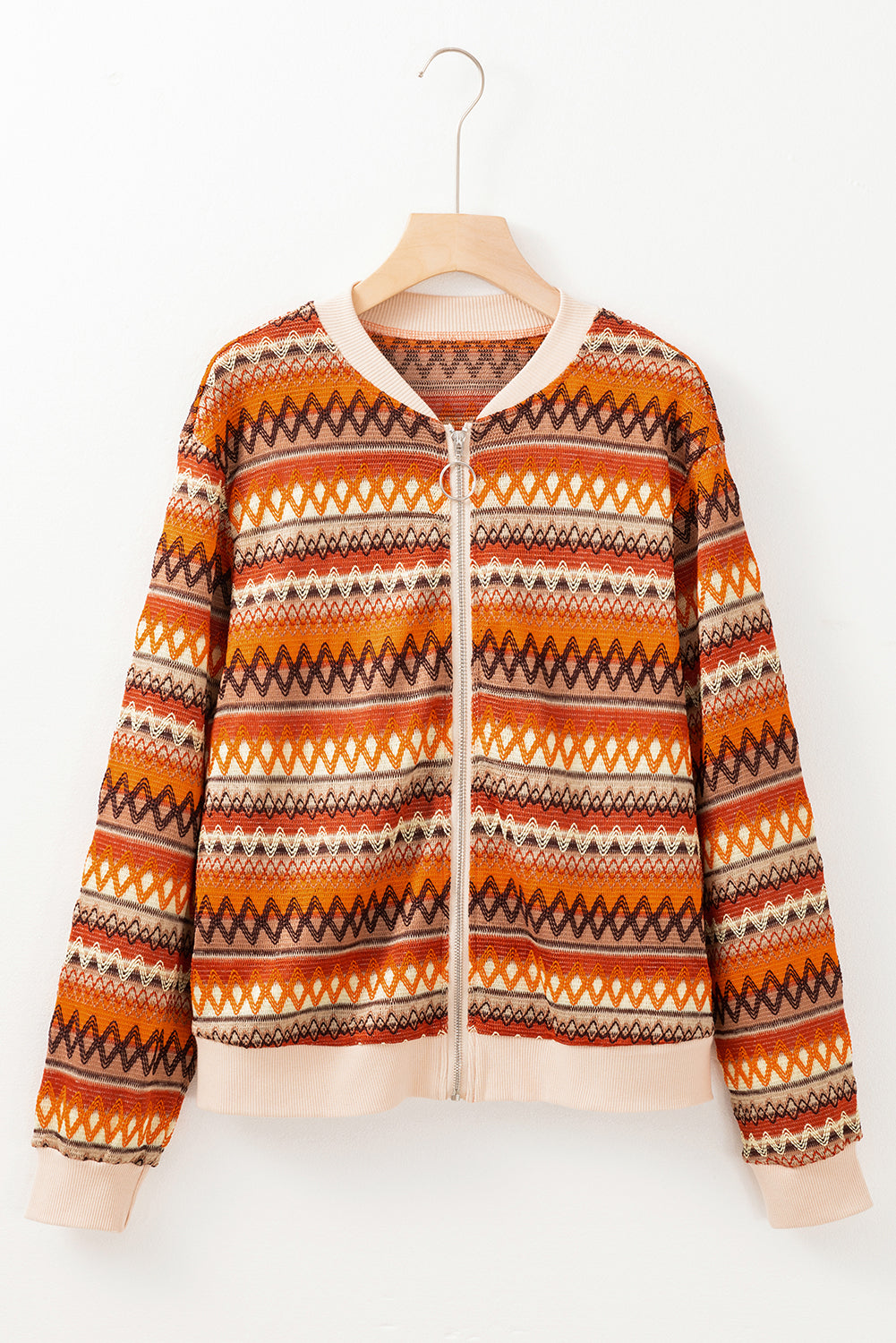 Orange Boho Striped Zip Up Long Sleeve Jacket-Bella Boutique Collective