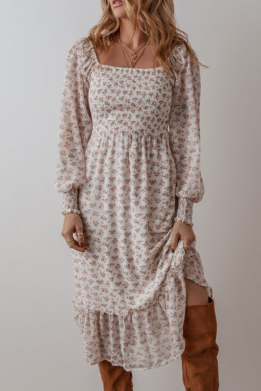 White Floral Print Shirred Ruffled Hem Square Neck Midi Dress-Bella Boutique Collective