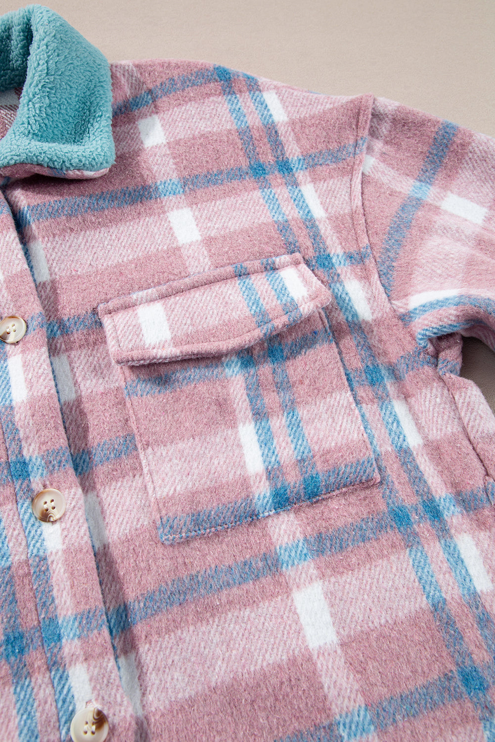 Pink Plaid Print Color Block Collared Flap Pockets Loose Shacket-Bella Boutique Collective