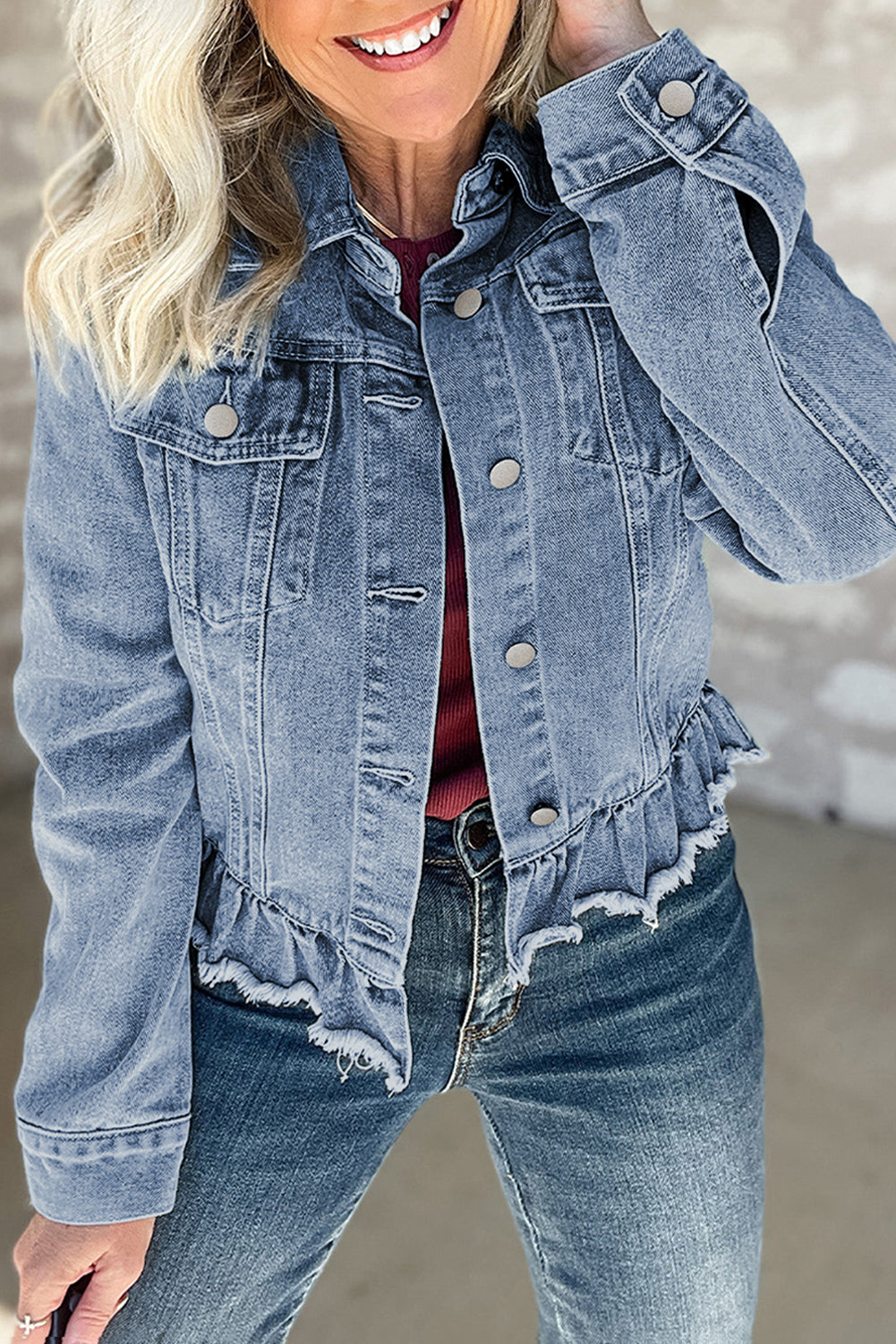 Beau Blue Ruffle Raw Hem Flap Pockets Denim Jacket-Bella Boutique Collective