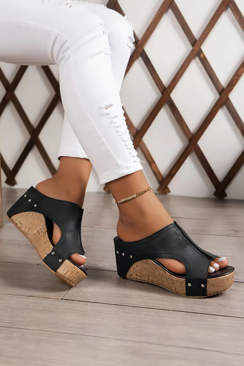 Black Hollow Out Studded PU Leather Wedge Slippers-Bella Boutique Collective
