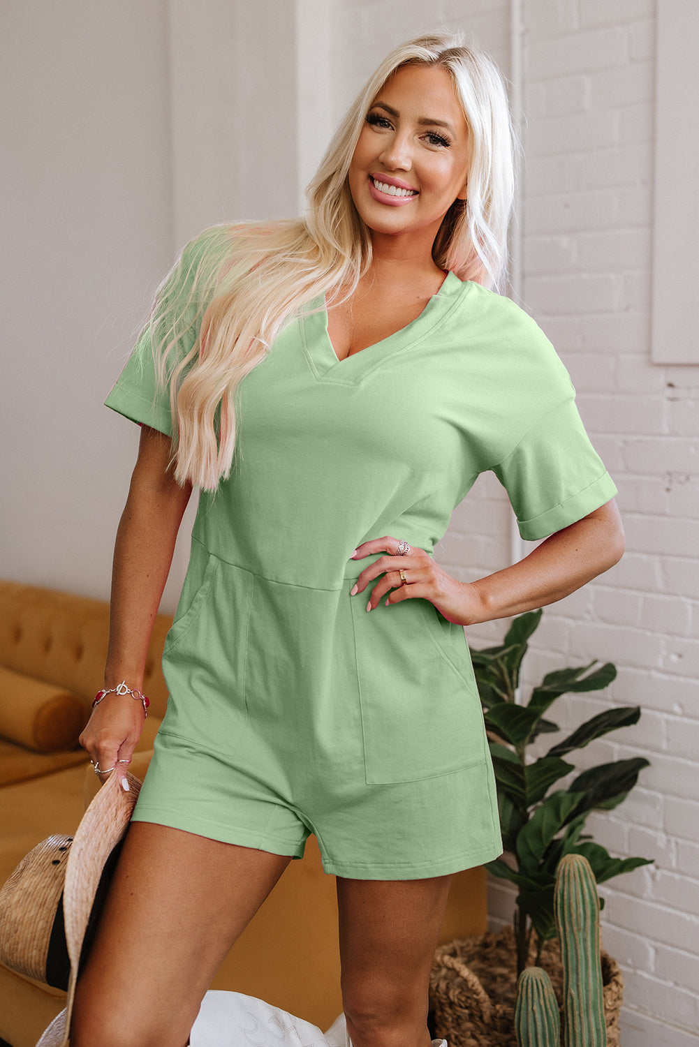 Grass Green Loose Half Sleeve V Neck Knit Romper-Bella Boutique Collective
