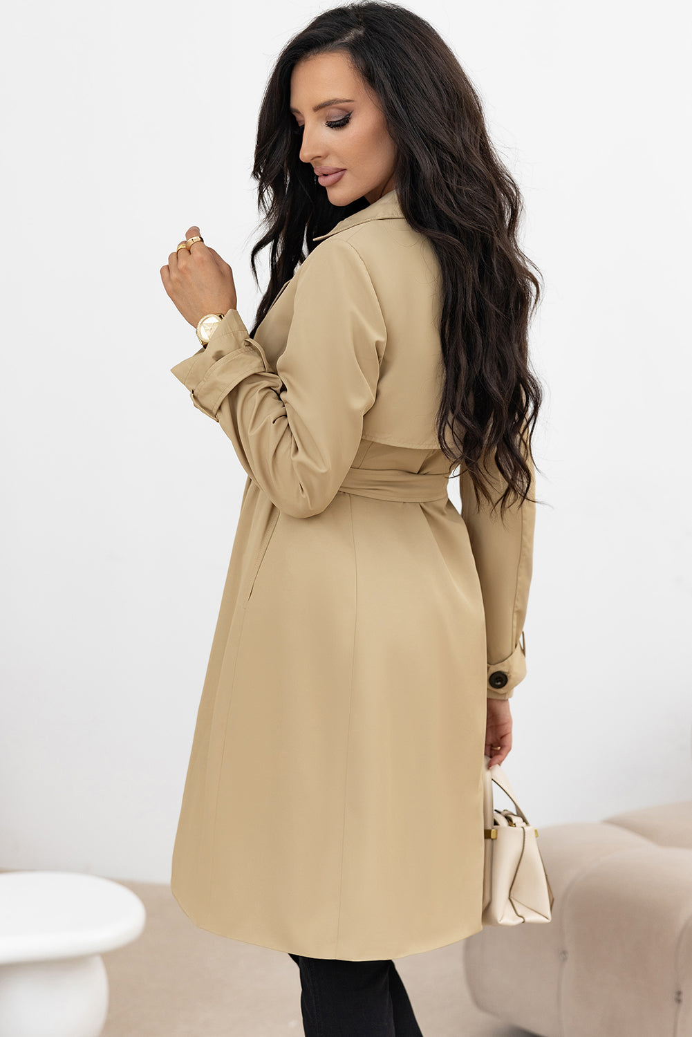 Pale Khaki Solid Color Lapel Collar Waist Tie Wind Coat-Bella Boutique Collective