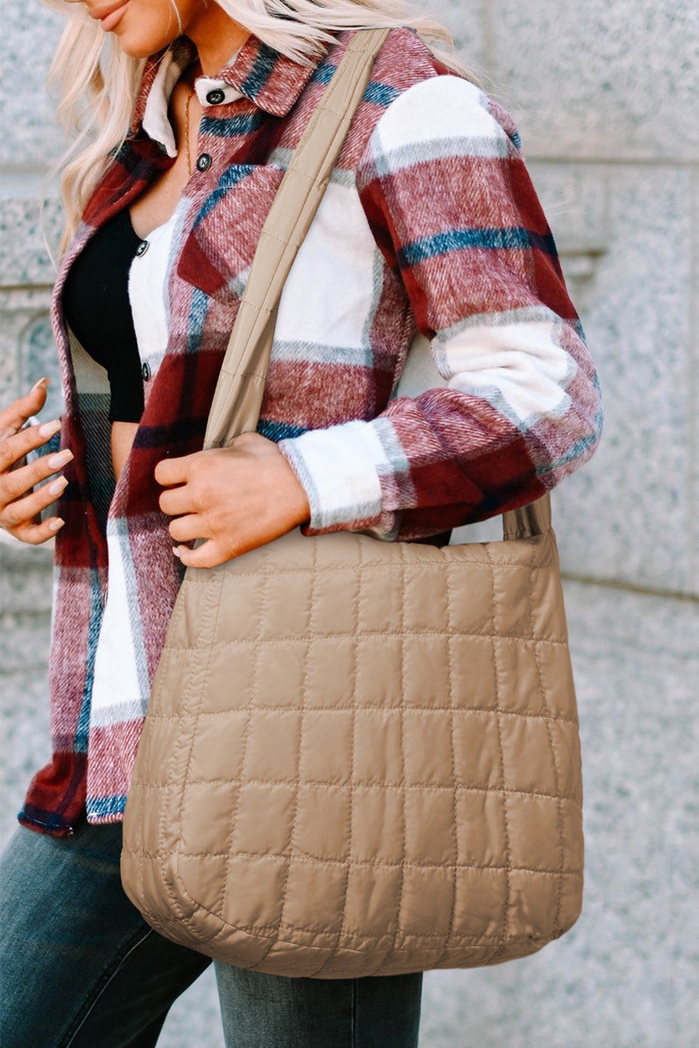 Light French Beige Quilted Zipper Large Shoulder Bag-Bella Boutique Collective