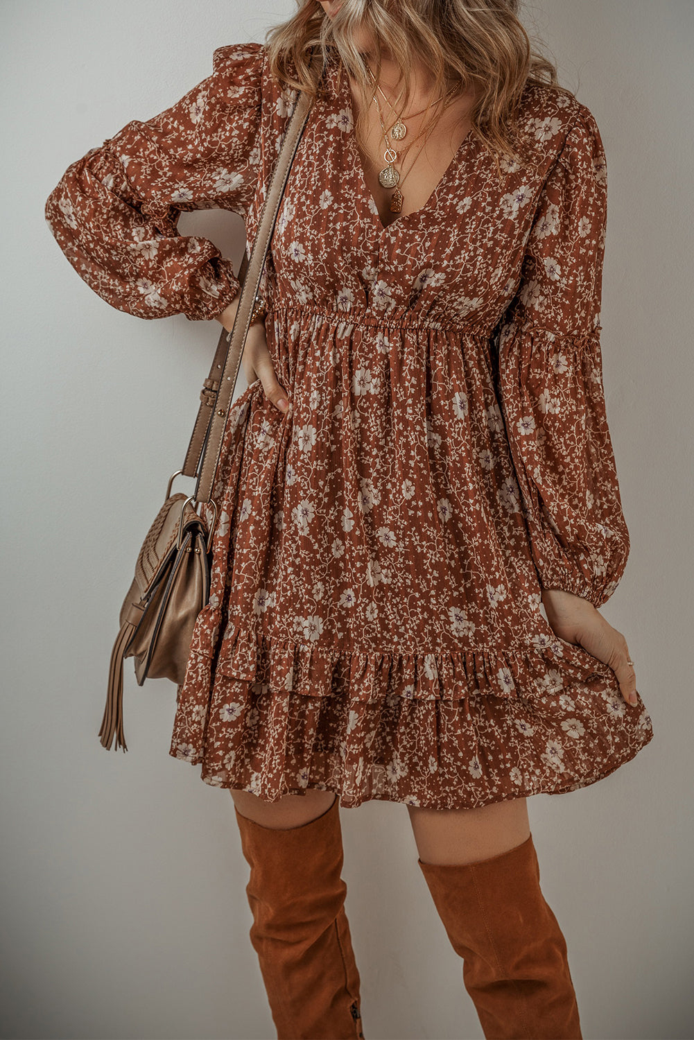 Brown Boho Floral Ruffled Puff Sleeve V Neck Mini Dress-Bella Boutique Collective