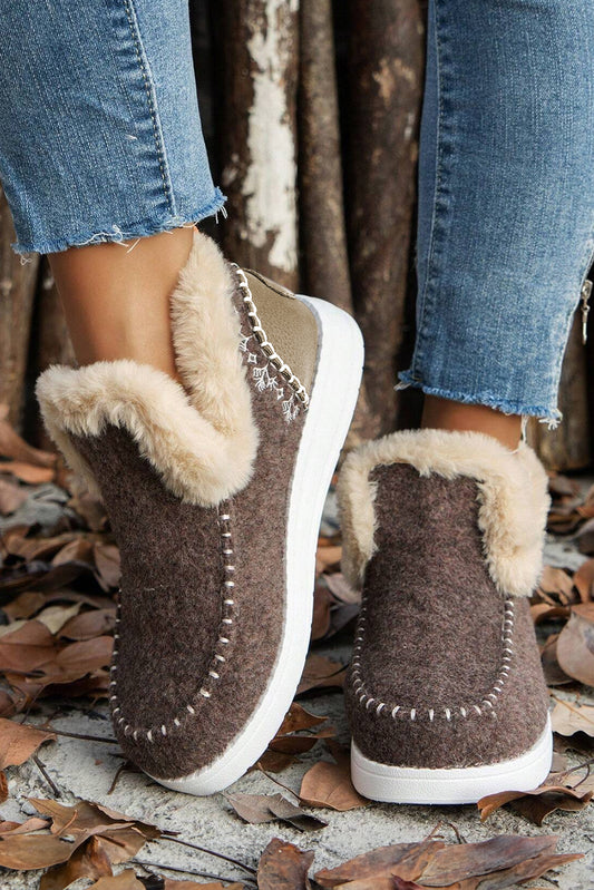 Coffee Suede Stitching Patchwork Plush Lined Anklet Boots-Bella Boutique Collective