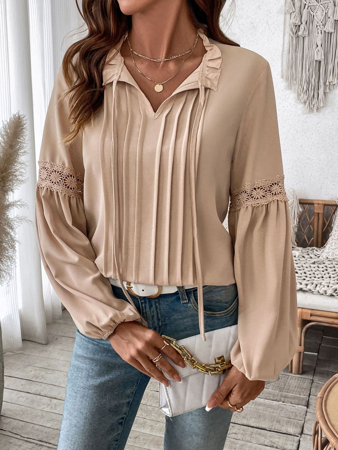 Perfee Frill Tie Neck Long Sleeve Blouse-Bella Boutique Collective