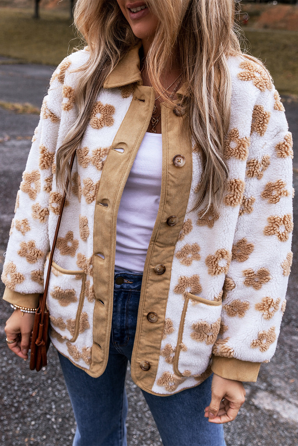 Light French Beige Cute Flower Pattern Button Up Fleece Jacket-Bella Boutique Collective