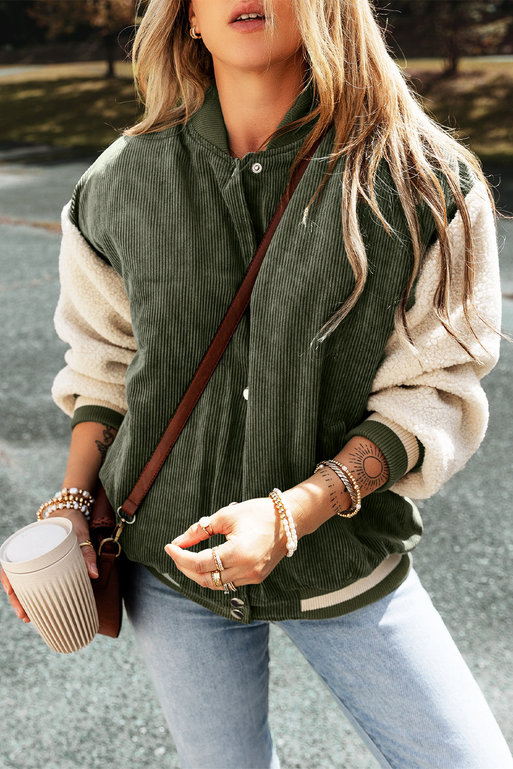 Mist Green Corduroy Fleece Patchwork Buttoned Bomber Jacket-Bella Boutique Collective