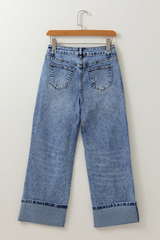 Myosotis Center Seam Cuffed Hem Straight High Waist Jeans-Bella Boutique Collective