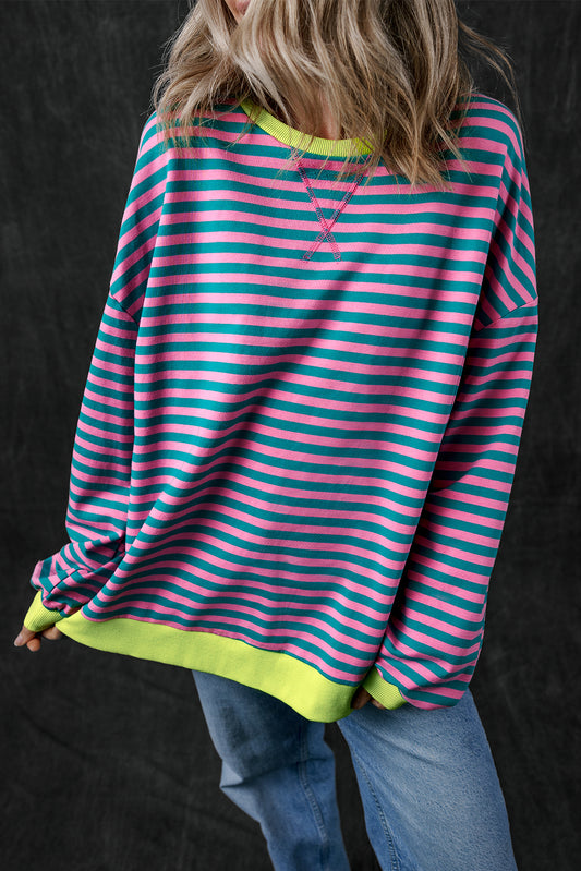 Green Stripe Oversized Contrast Trim Pullover Sweatshirt-Bella Boutique Collective