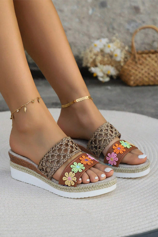 White Floral Print Braided Details Wedge Slippers-Bella Boutique Collective