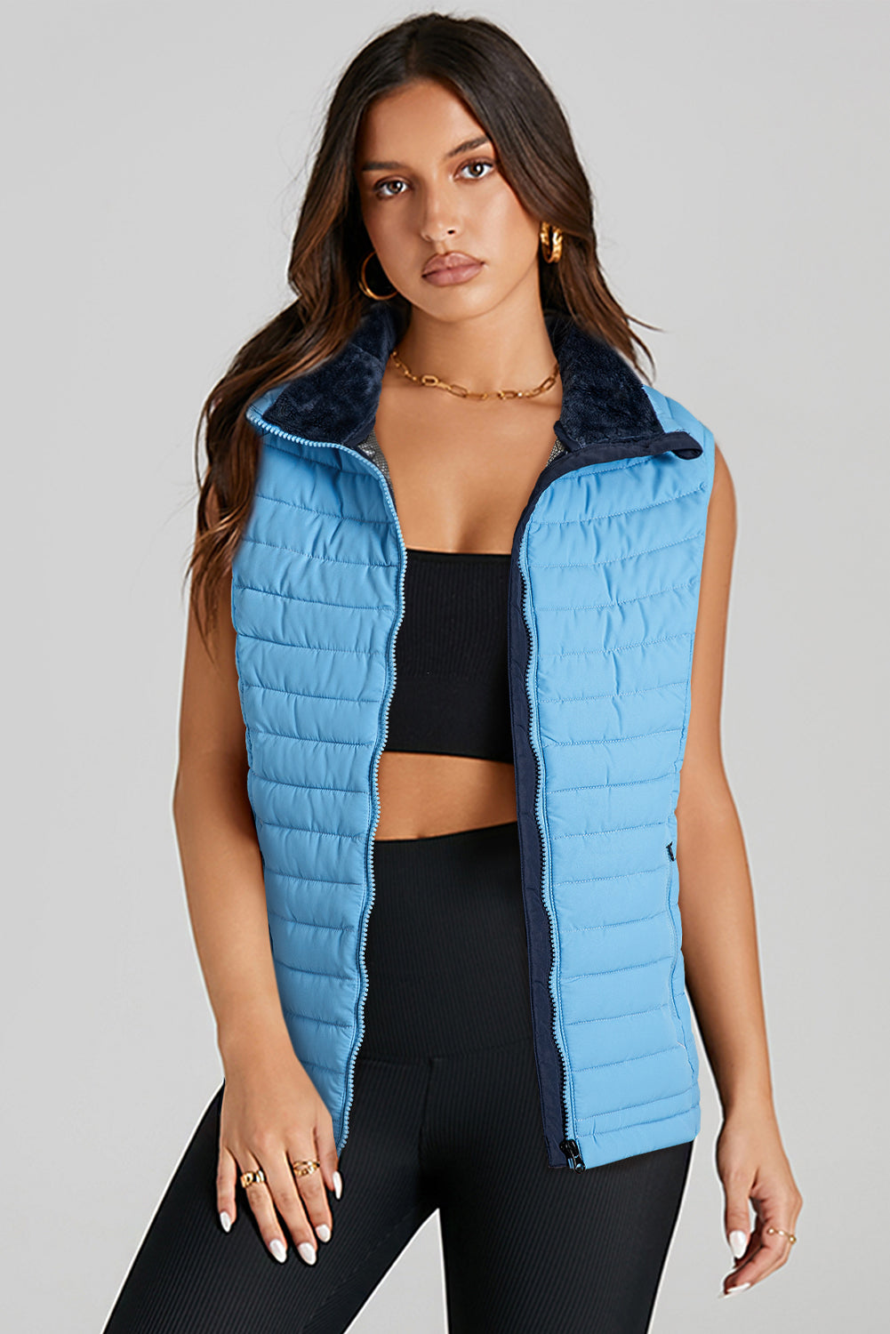 Sky Blue Plush Collared Quilted Zipped Puffer Vest-Bella Boutique Collective