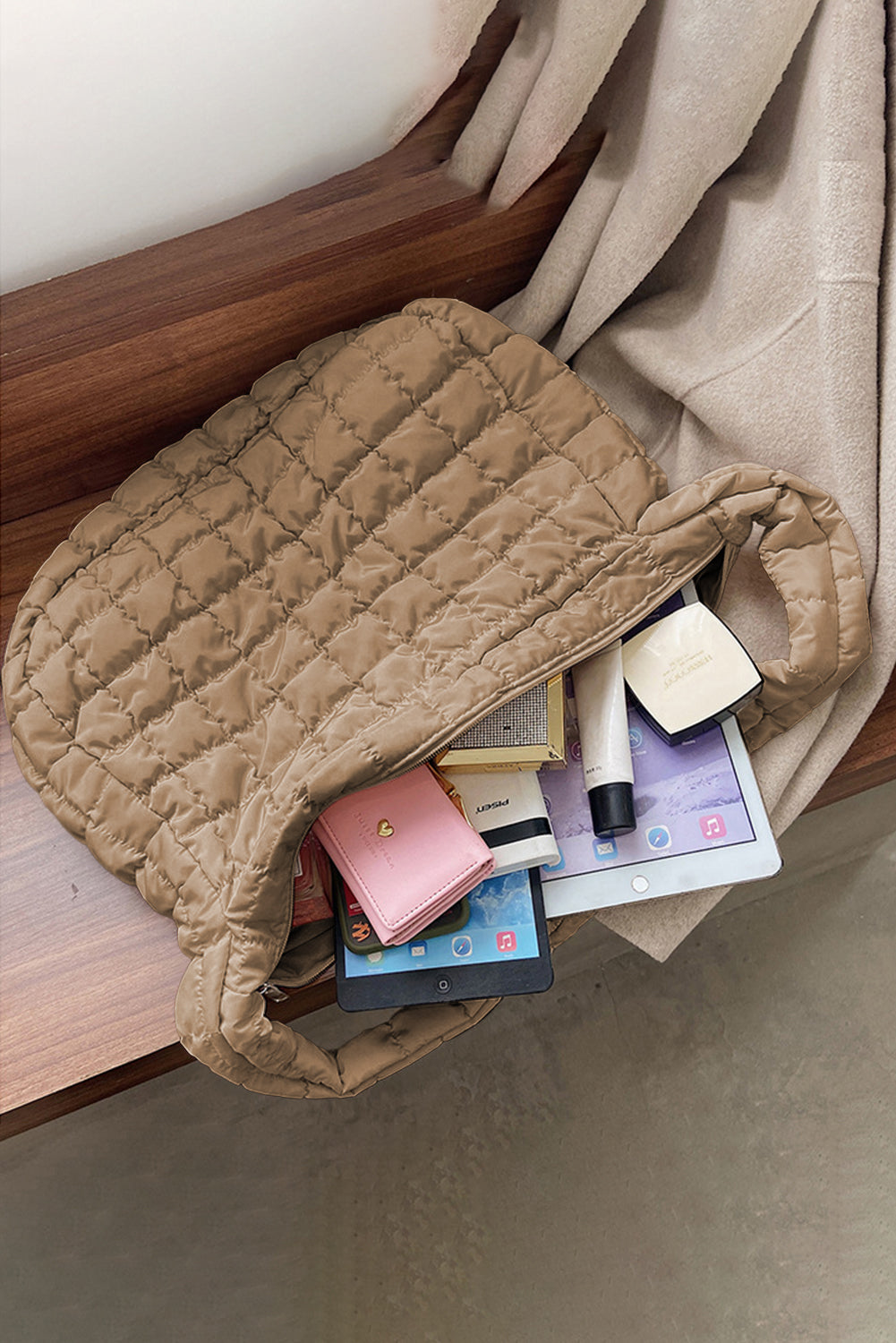 Light French Beige Quilted Zipper Large Shoulder Bag-Bella Boutique Collective