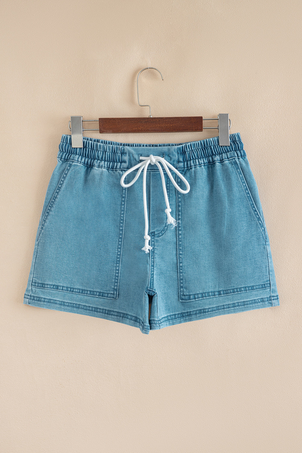 Beau Blue Contrast Drawstring Elastic Waist Denim Shorts-Bella Boutique Collective