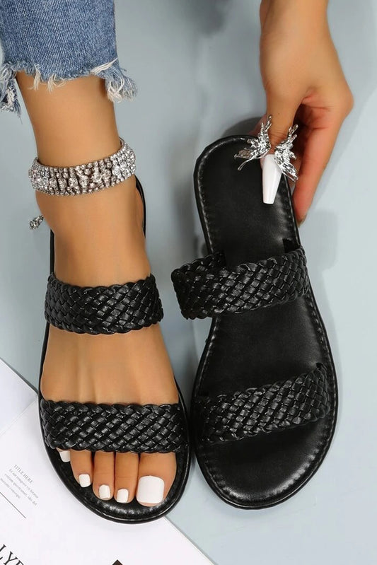 Black Braided Double Band Leathered Flat Slippers-Bella Boutique Collective