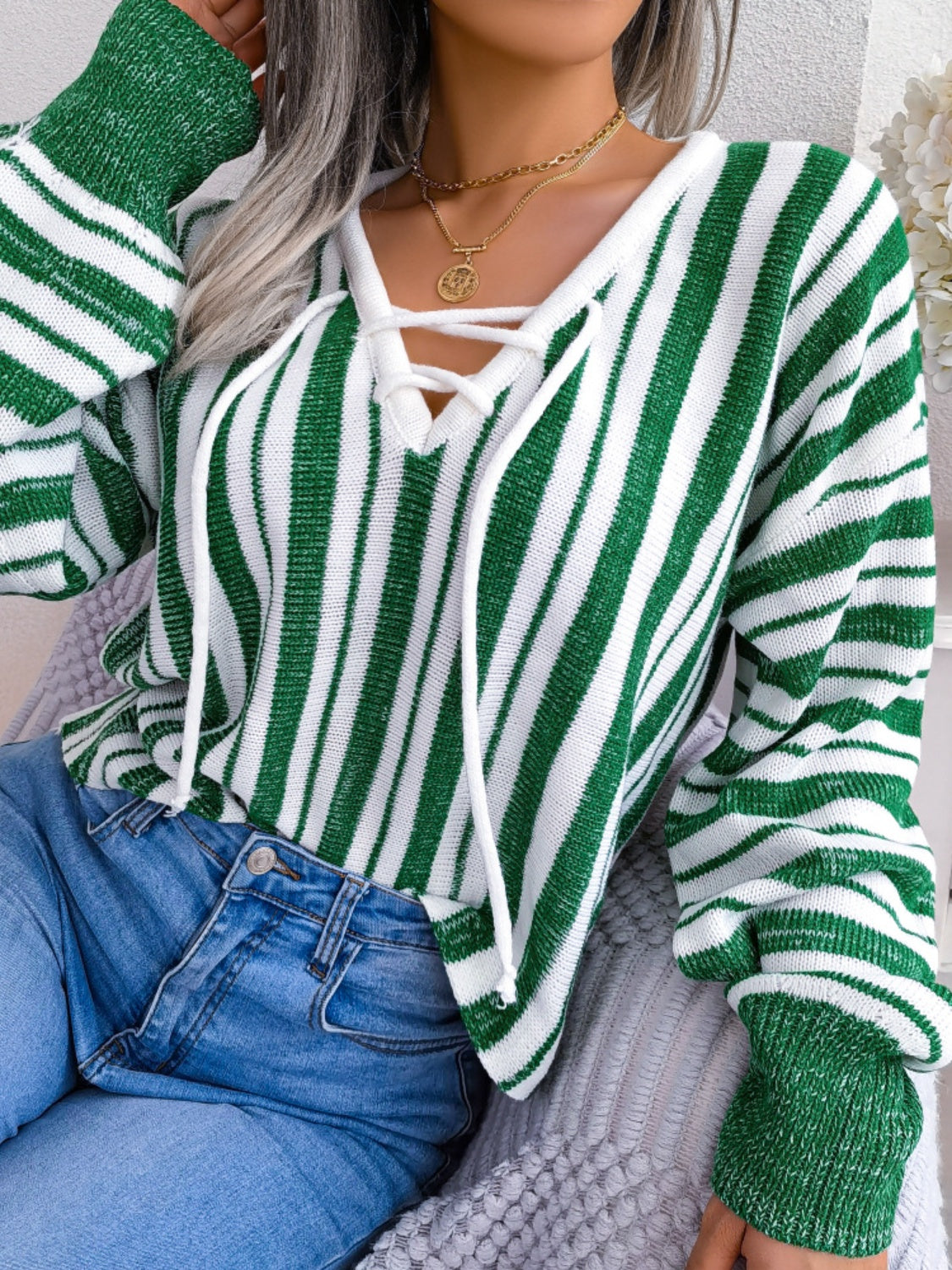 Striped Lace-Up Long Sleeve Sweater-Bella Boutique Collective