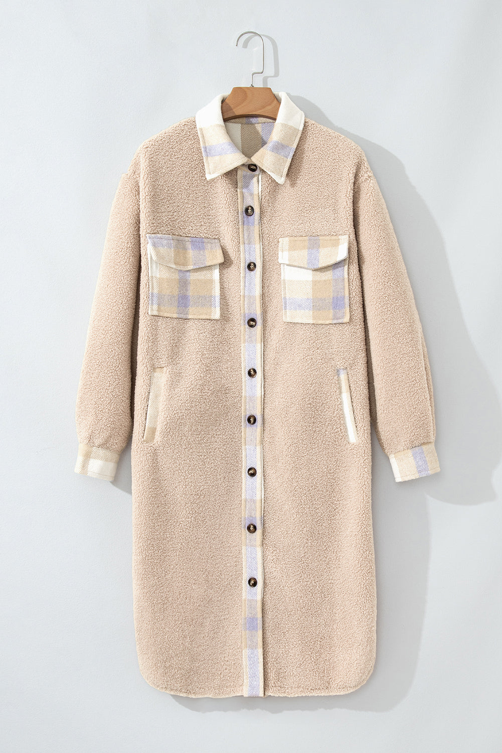 Smoke Gray Plaid Patchwork Collared Button-up Sherpa Long Coat-Bella Boutique Collective