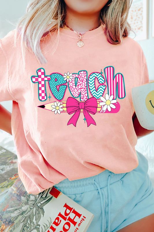 Pink Preppy Retro Checkered Coquette Teach Graphic T-Shirt-Bella Boutique Collective