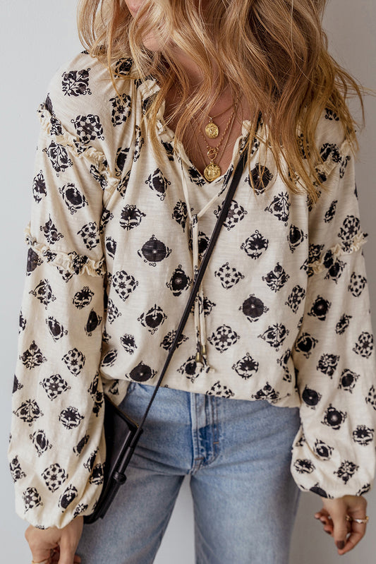 White Printed Split Neck Bubble Sleeve Loose Blouse-Bella Boutique Collective