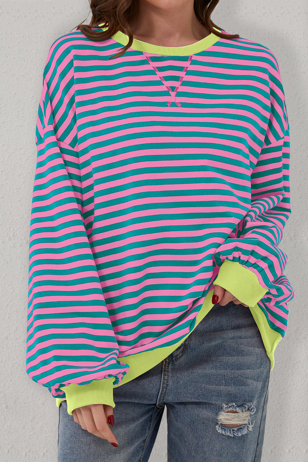Green Stripe Oversized Contrast Trim Pullover Sweatshirt-Bella Boutique Collective
