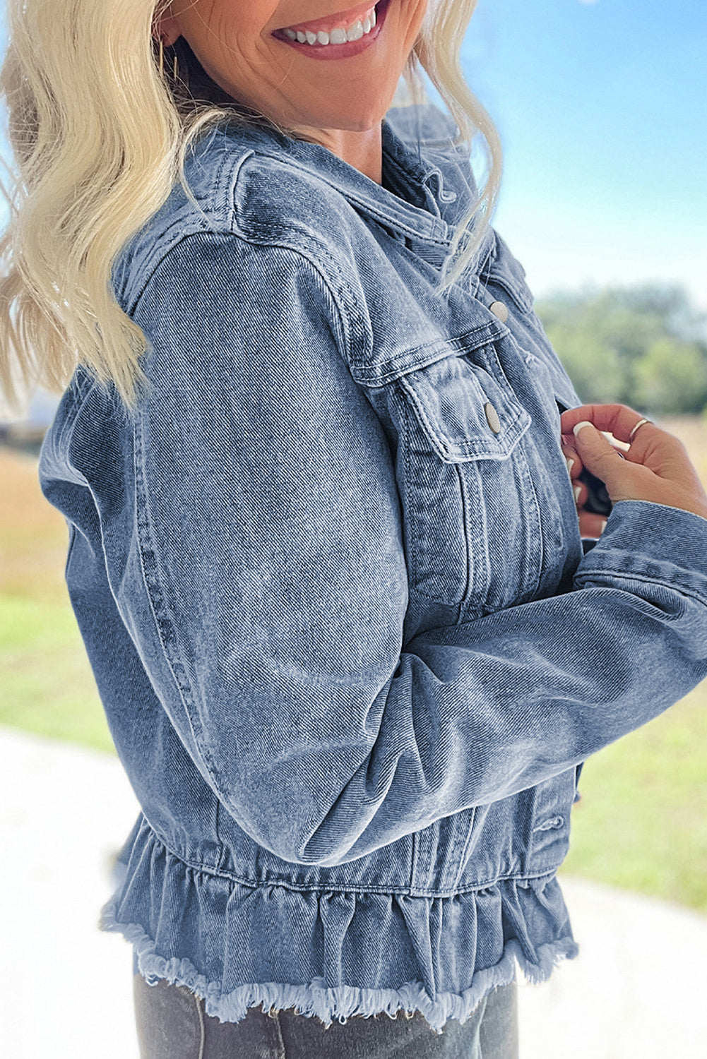 Beau Blue Ruffle Raw Hem Flap Pockets Denim Jacket-Bella Boutique Collective