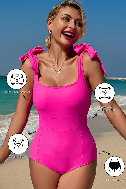 Rose Red Square Neck Knotted Shoulder Open Back One Piece Swimsuit-Bella Boutique Collective