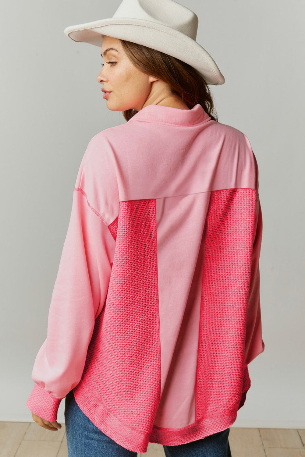 Peach Blossom Two Tone Contrast Waffle Knit Buttoned Loose Shacket-Bella Boutique Collective