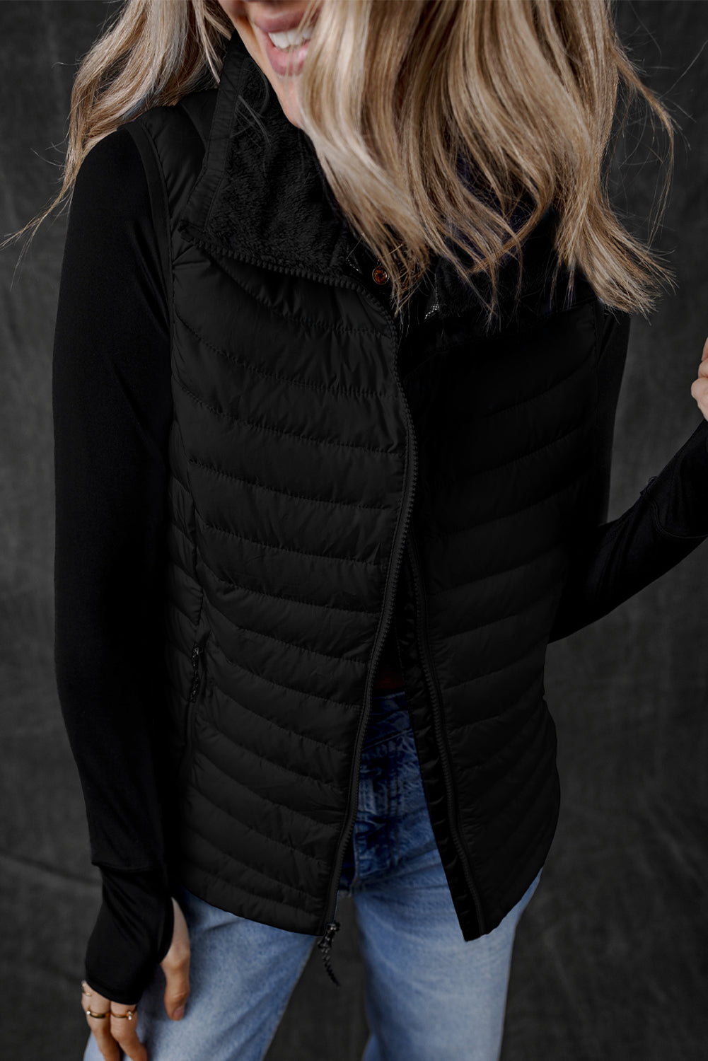 Black Plush Collared Quilted Zipped Puffer Vest-Bella Boutique Collective