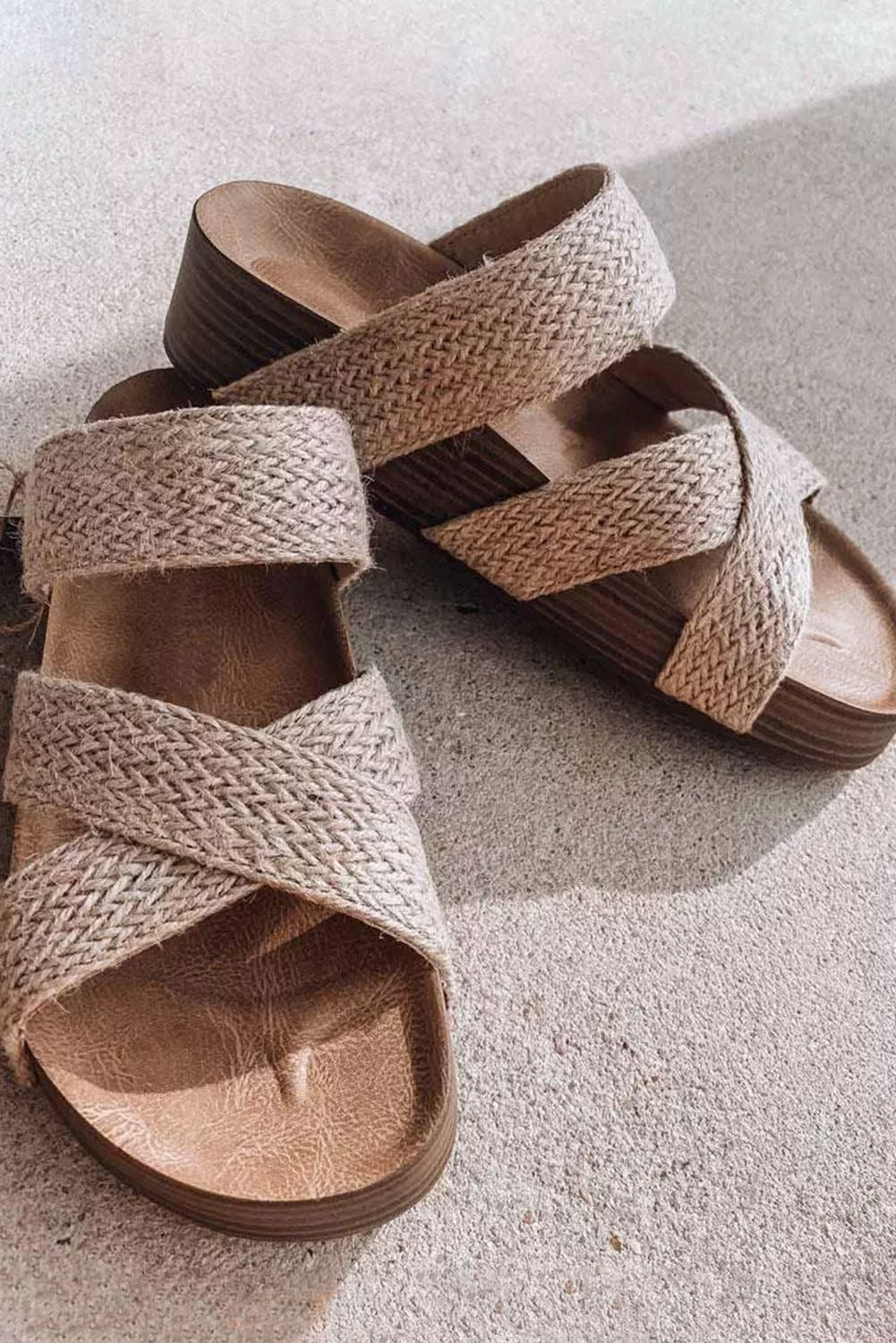 Beige Woven Cross Criss Hollowed Slip-On Slippers-Bella Boutique Collective