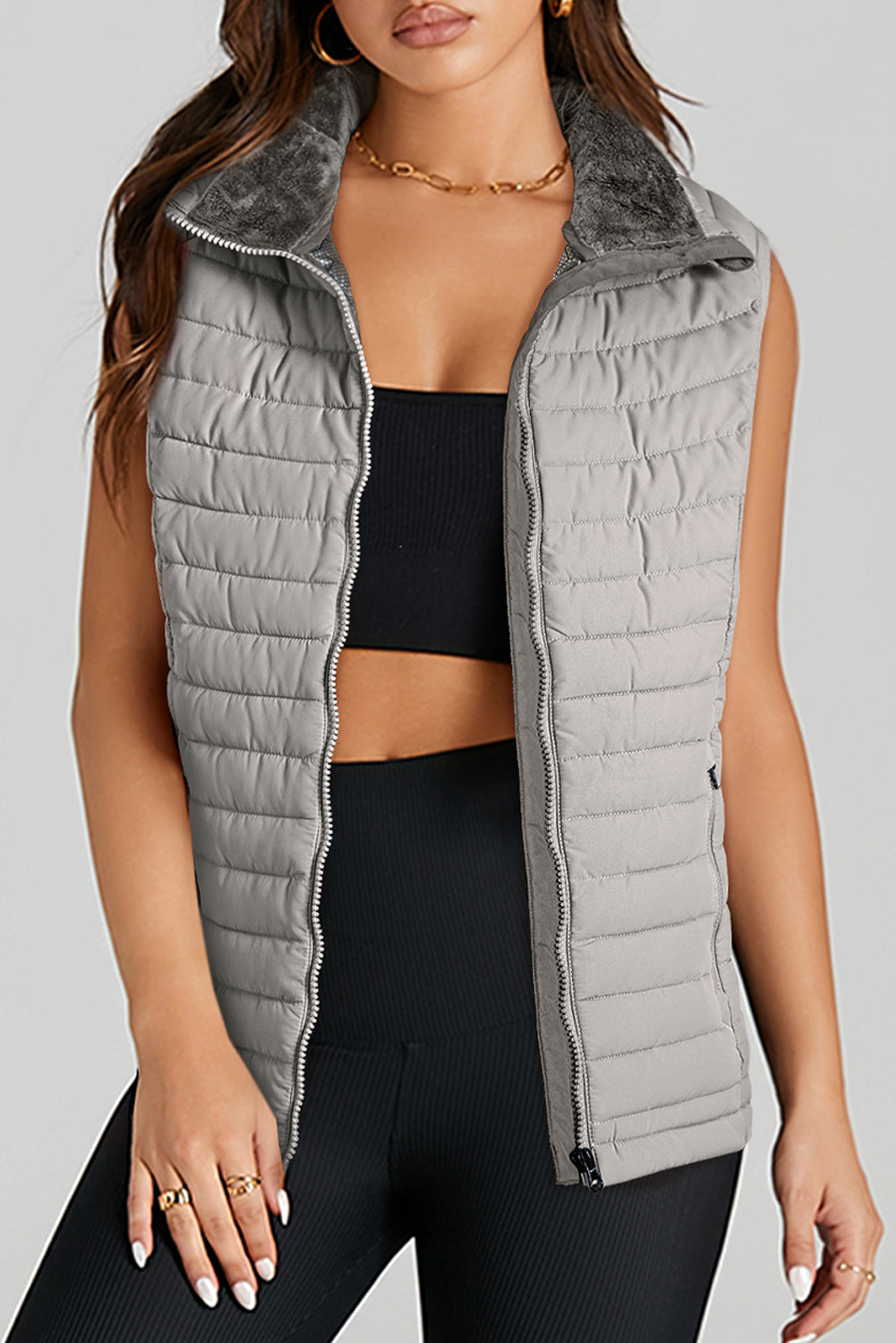Silvery Plush Collared Quilted Zipped Puffer Vest-Bella Boutique Collective
