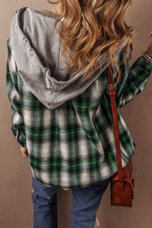 Green Plaid Print Chest Pocket Buttoned Hooded Shacket-Bella Boutique Collective