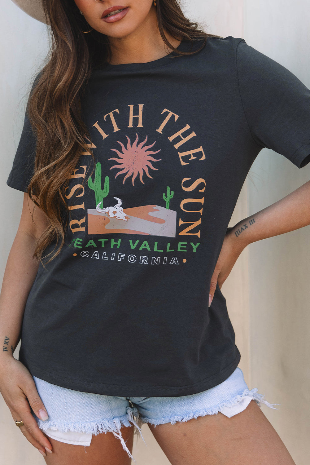 Dark Grey RISE WITH THE SUN Western Fashion Graphic Tee-Bella Boutique Collective