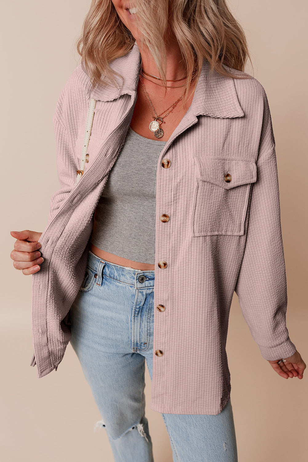Light Pink Corduroy Flap Pocket Button Up Shacket-Bella Boutique Collective