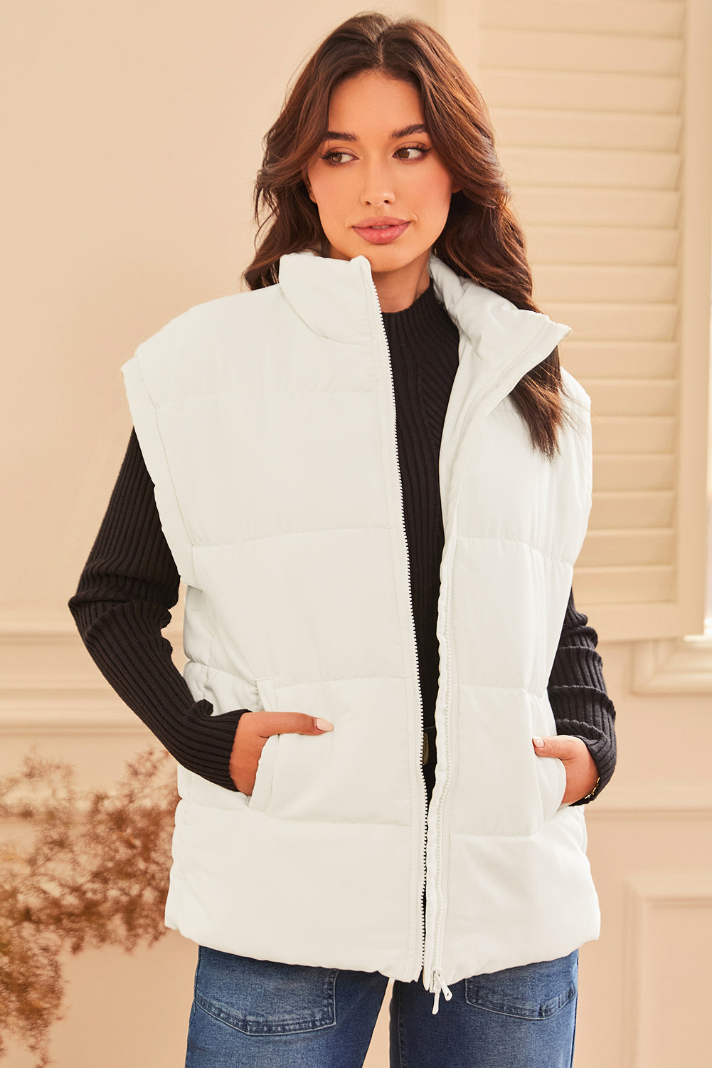 Beige Zipper Stand Neck Oversized Puffer Vest-Bella Boutique Collective