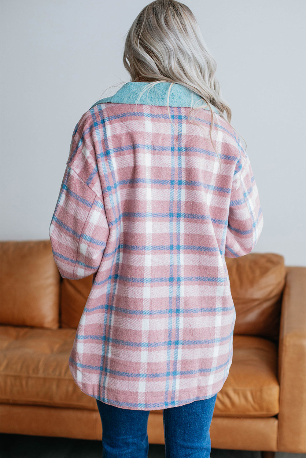 Pink Plaid Print Color Block Collared Flap Pockets Loose Shacket-Bella Boutique Collective