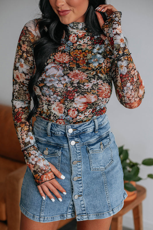 Brown Floral Long Sleeve High Neck Sheath Mesh Blouse-Bella Boutique Collective