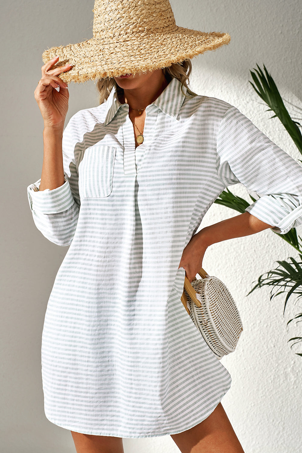 White Stripe Collared V Neck Chest Pocket Long Sleeve Beach Cover up-Bella Boutique Collective